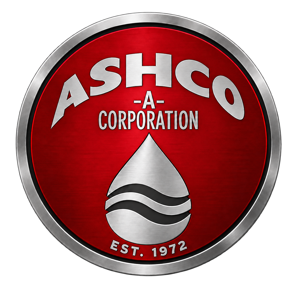 Ashco-A-Corporation red and silver badge, established 1972